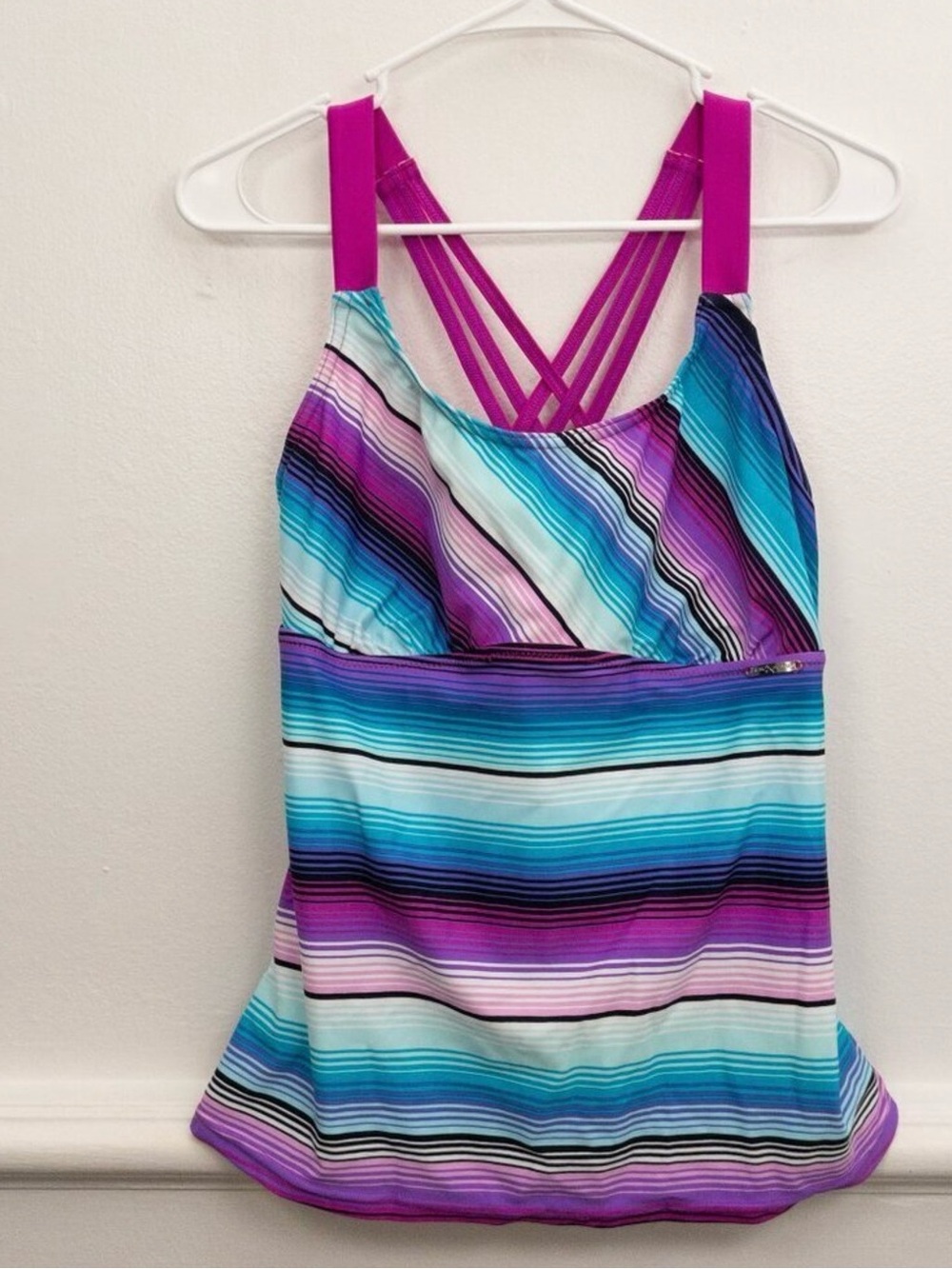 ZeroXposur Strappy Back Tankini Swim Top Large Purple Blue Stripe Support